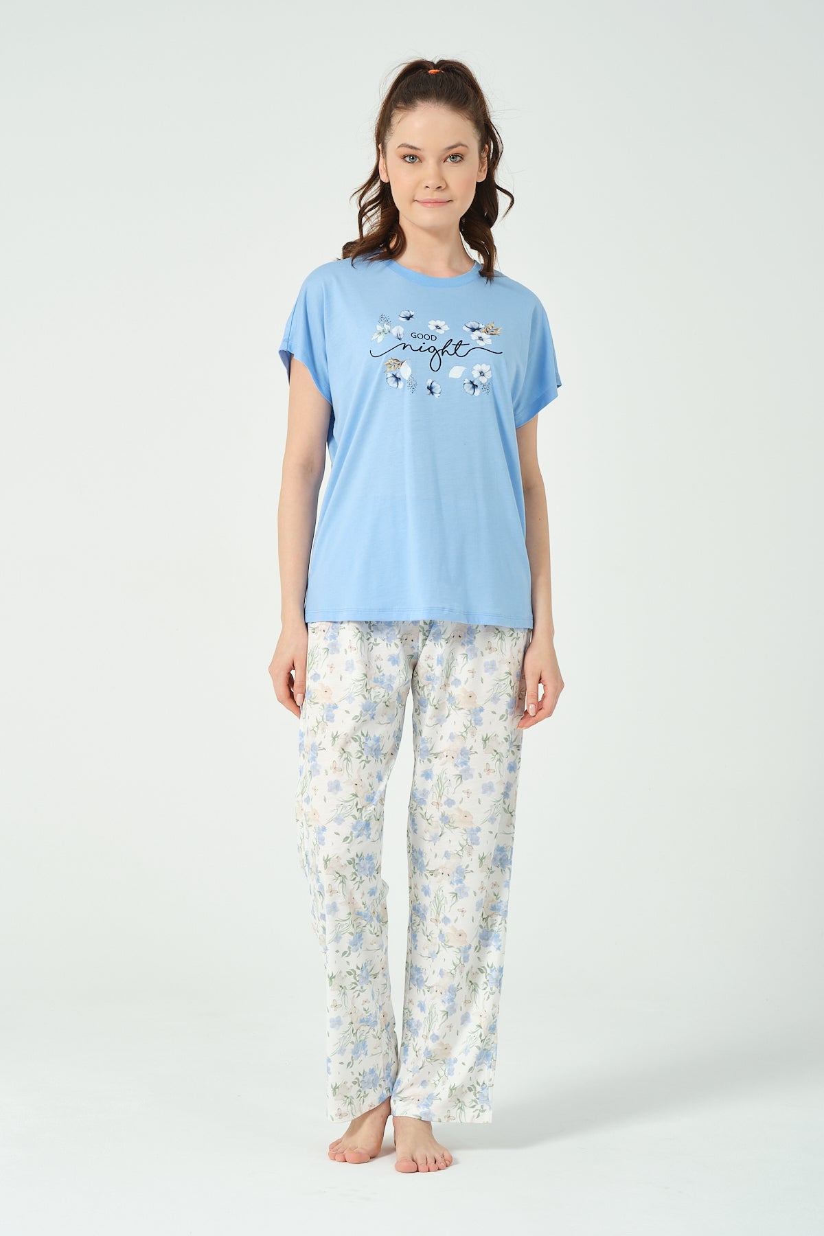 Kadın yarasa kol Tavşan Desenli Pijama Takımı