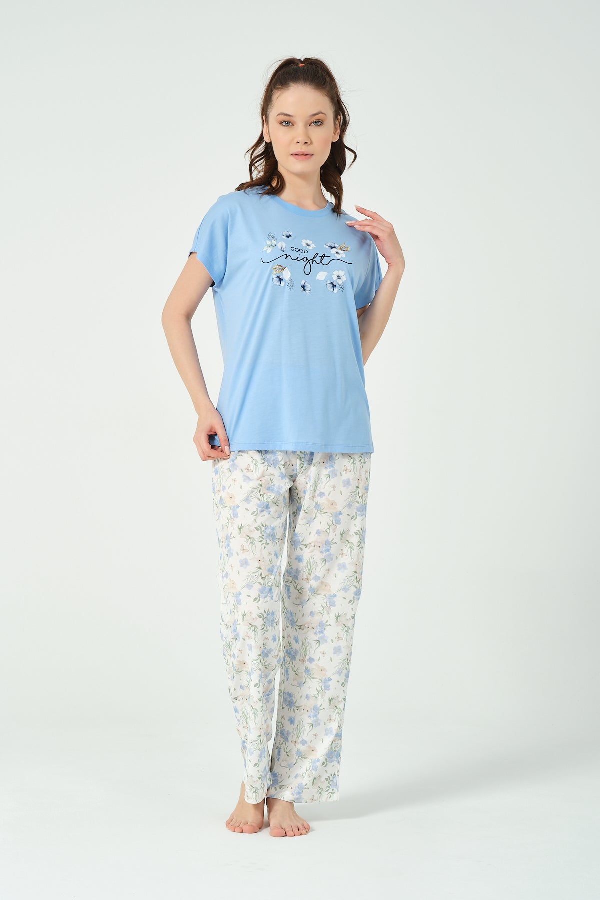 Kadın yarasa kol Tavşan Desenli Pijama Takımı