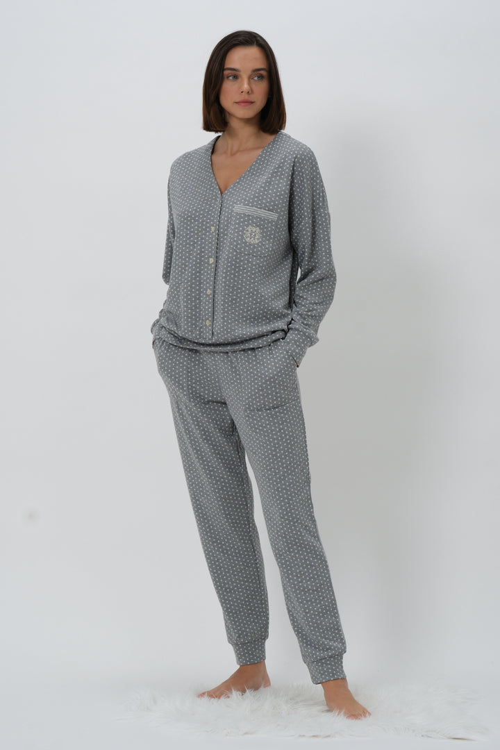 Kadın Puantiyeli V Yaka Pijama Takımı