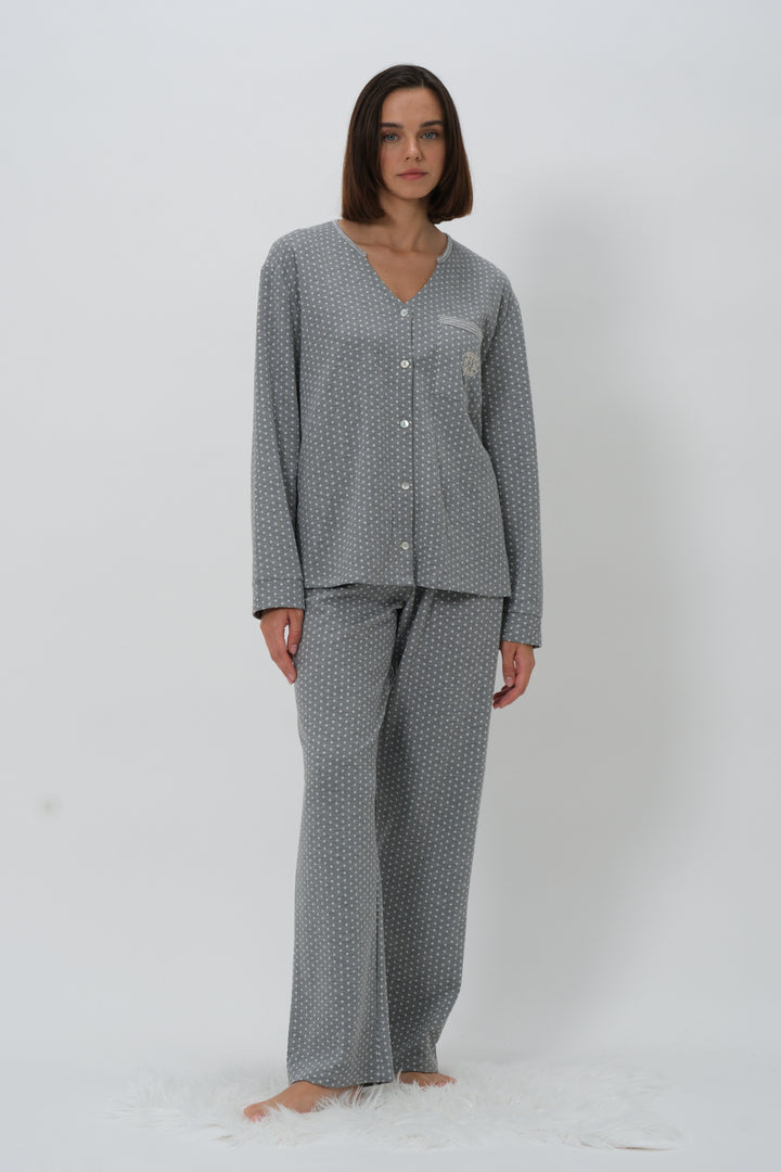 Kadın Puantiyeli Düğmeli Pijama Takımı