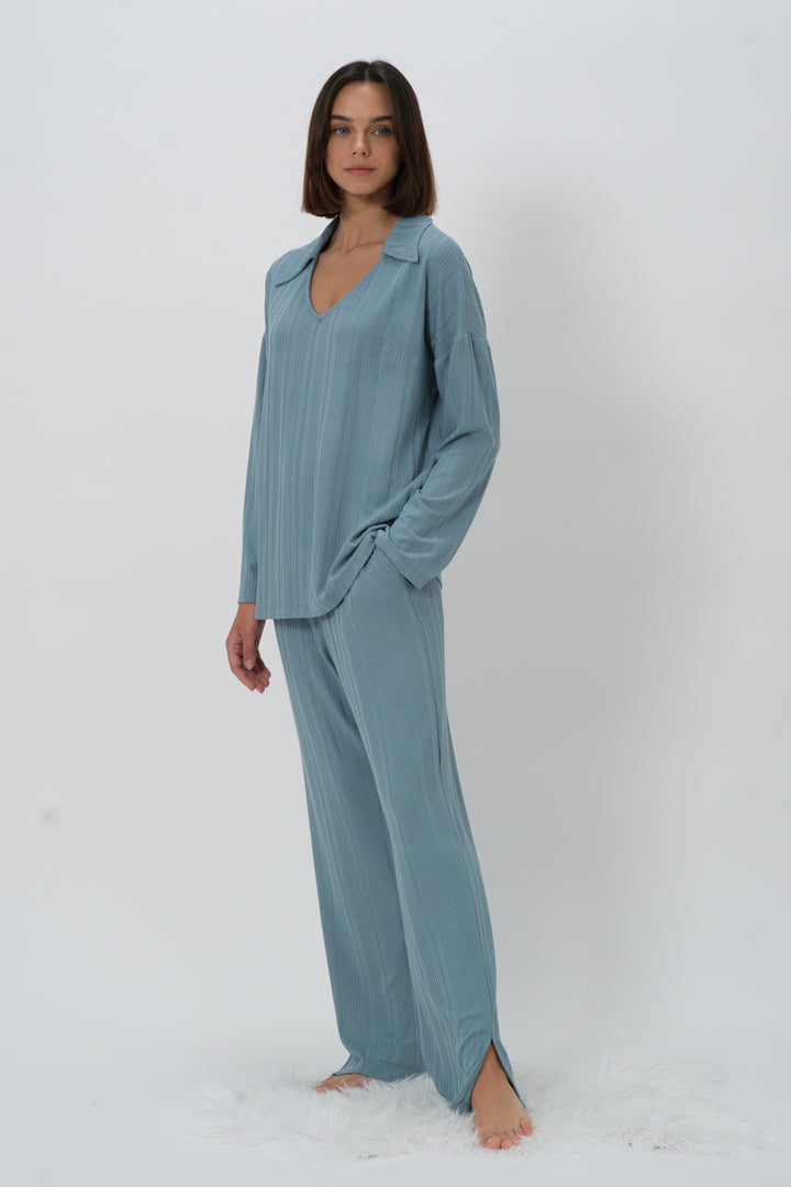 Kadın Yaka Detaylı Pijama Takımı